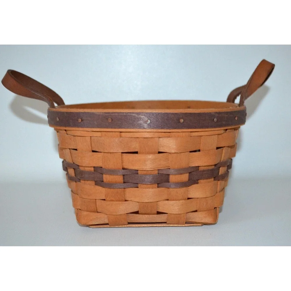 Longaberger 1992‎ Round Basket 2 Leather Handles Purple Accent Weaves